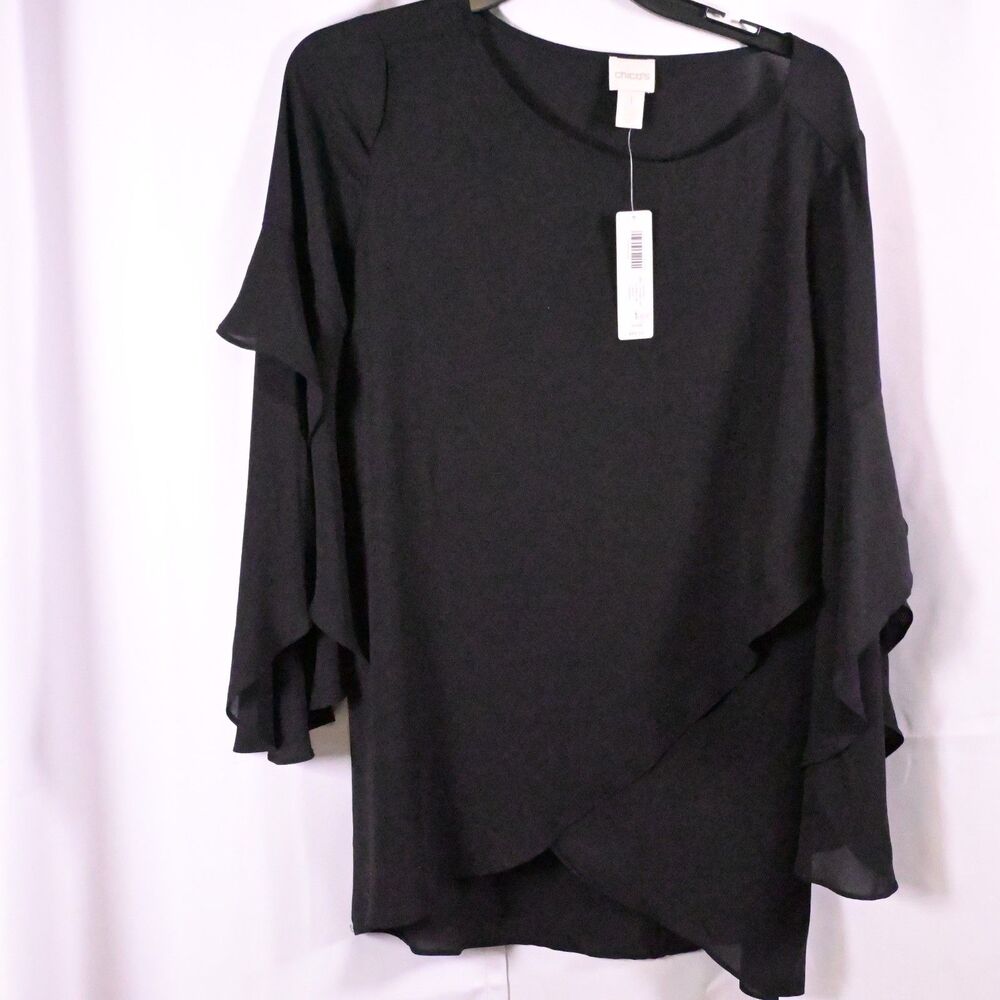 NWT Chico's Black‎ Multi Layered Slit Sleeve Top Womens 1/8 Blouse